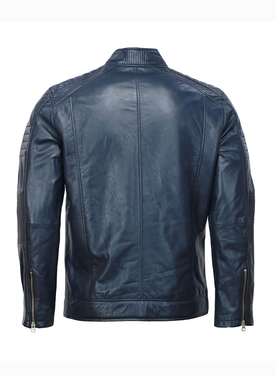 Cafe Racer Biker Mens Blue Leather Jacket
