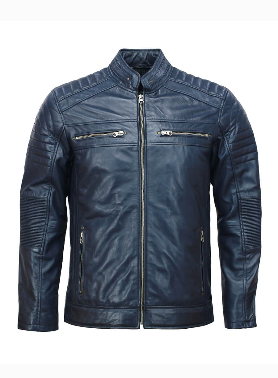 Cafe Racer Biker Mens Blue Leather Jacket