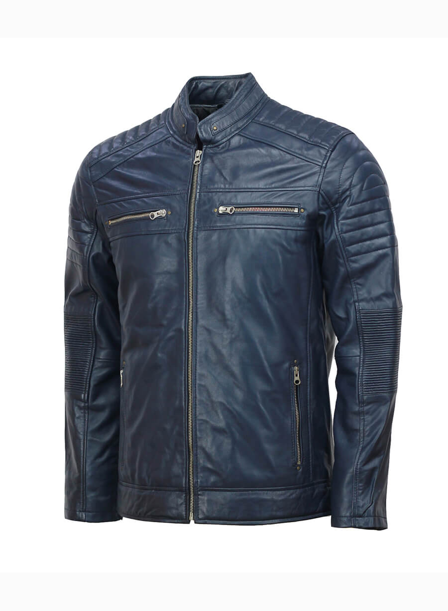 Cafe Racer Biker Mens Blue Leather Jacket