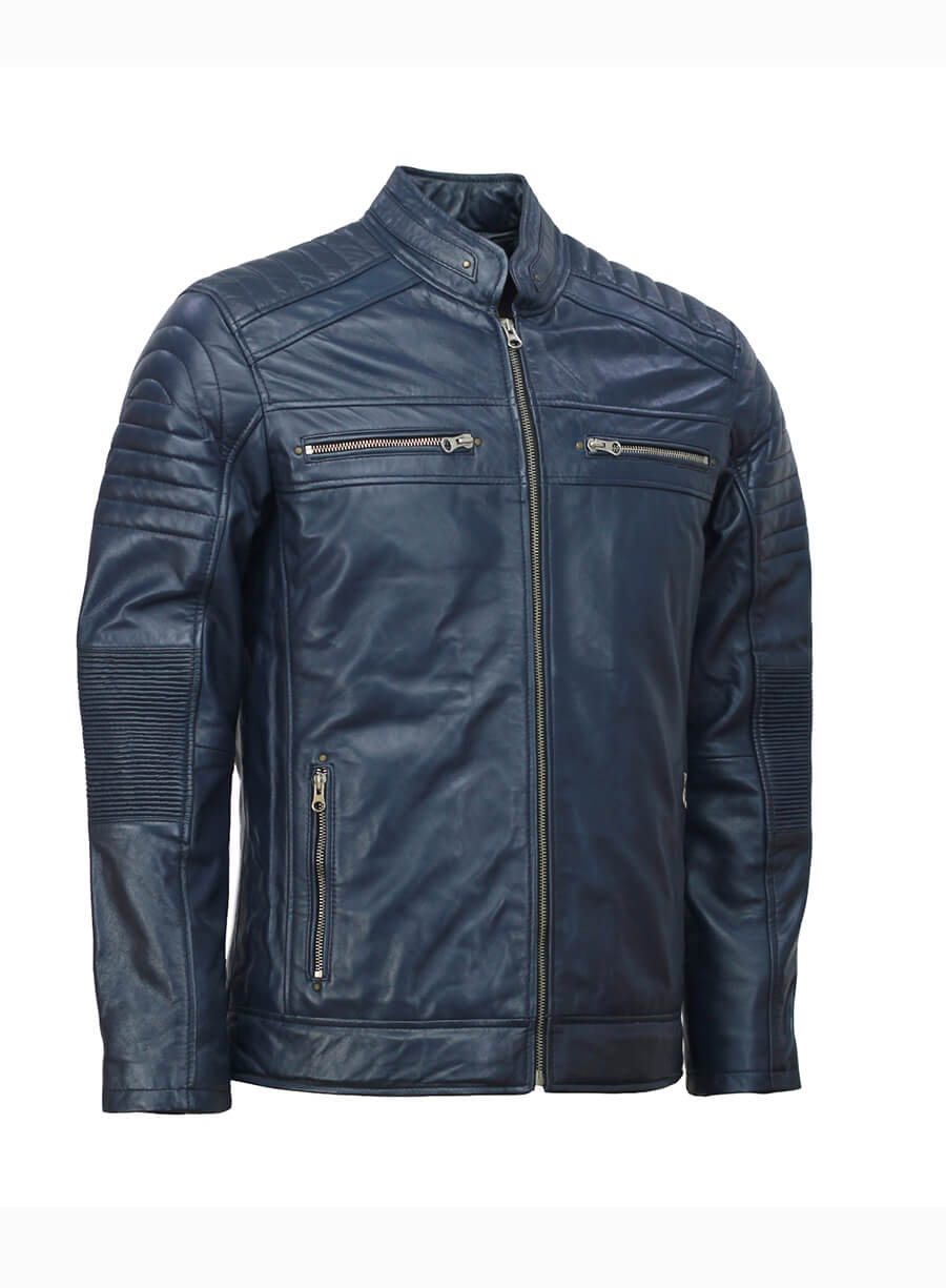Cafe Racer Biker Mens Blue Leather Jacket