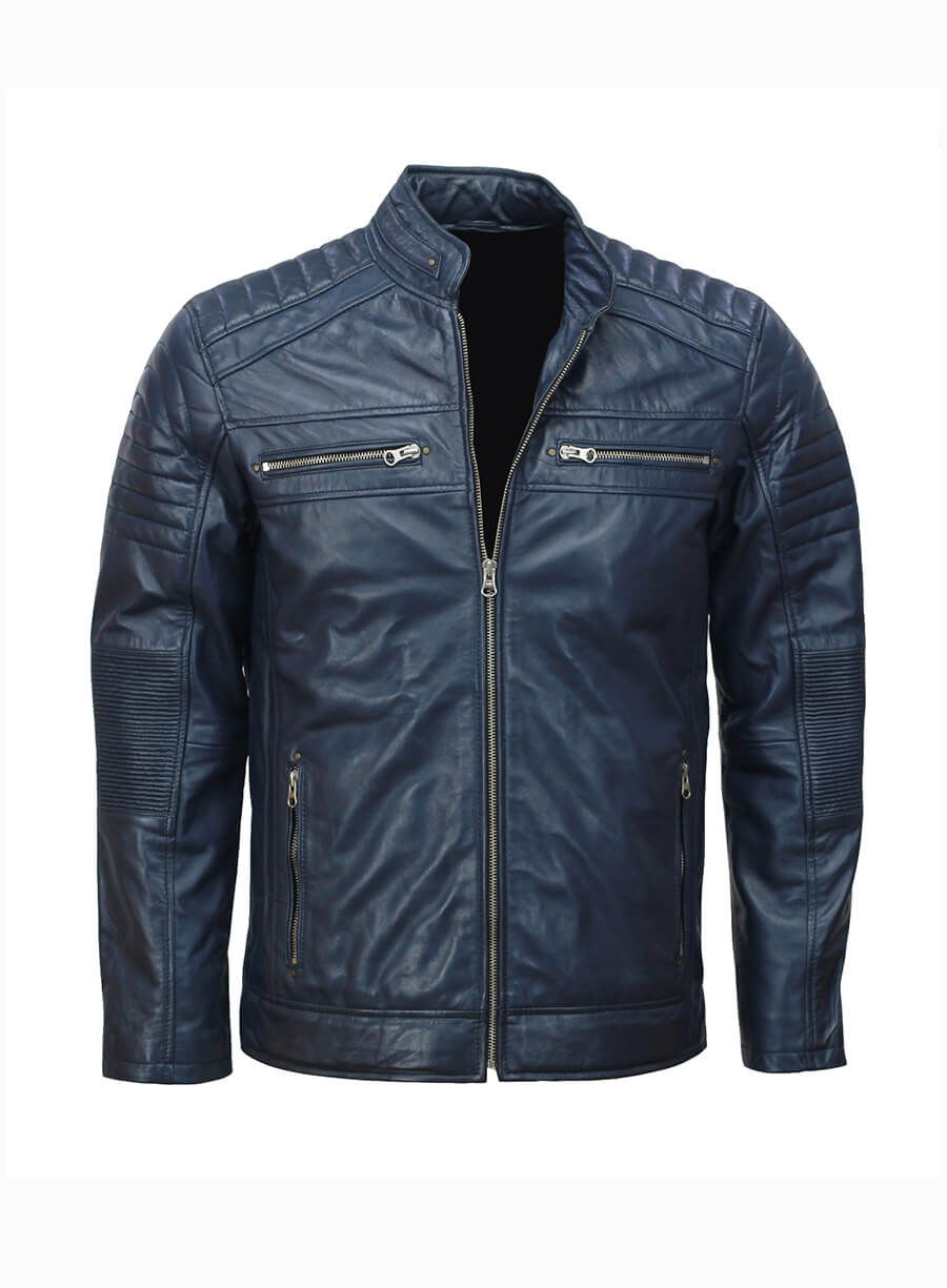 Cafe Racer Biker Mens Blue Leather Jacket