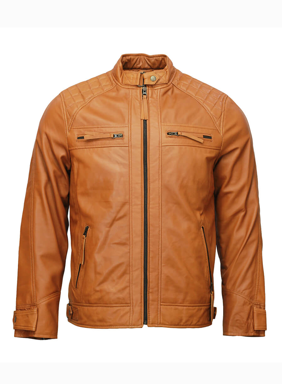 Mens Moto Biker Tan Brown Leather Jacket