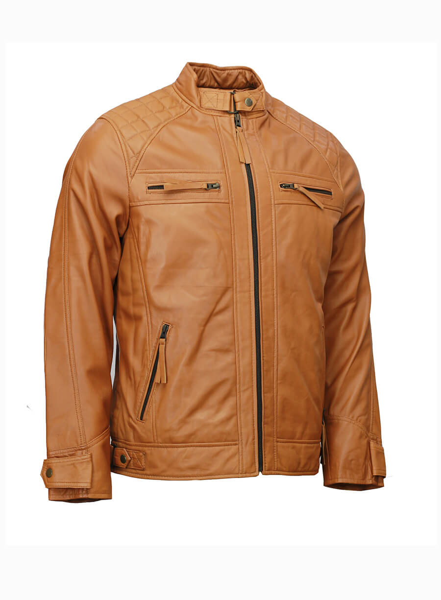 Mens Moto Biker Tan Brown Leather Jacket