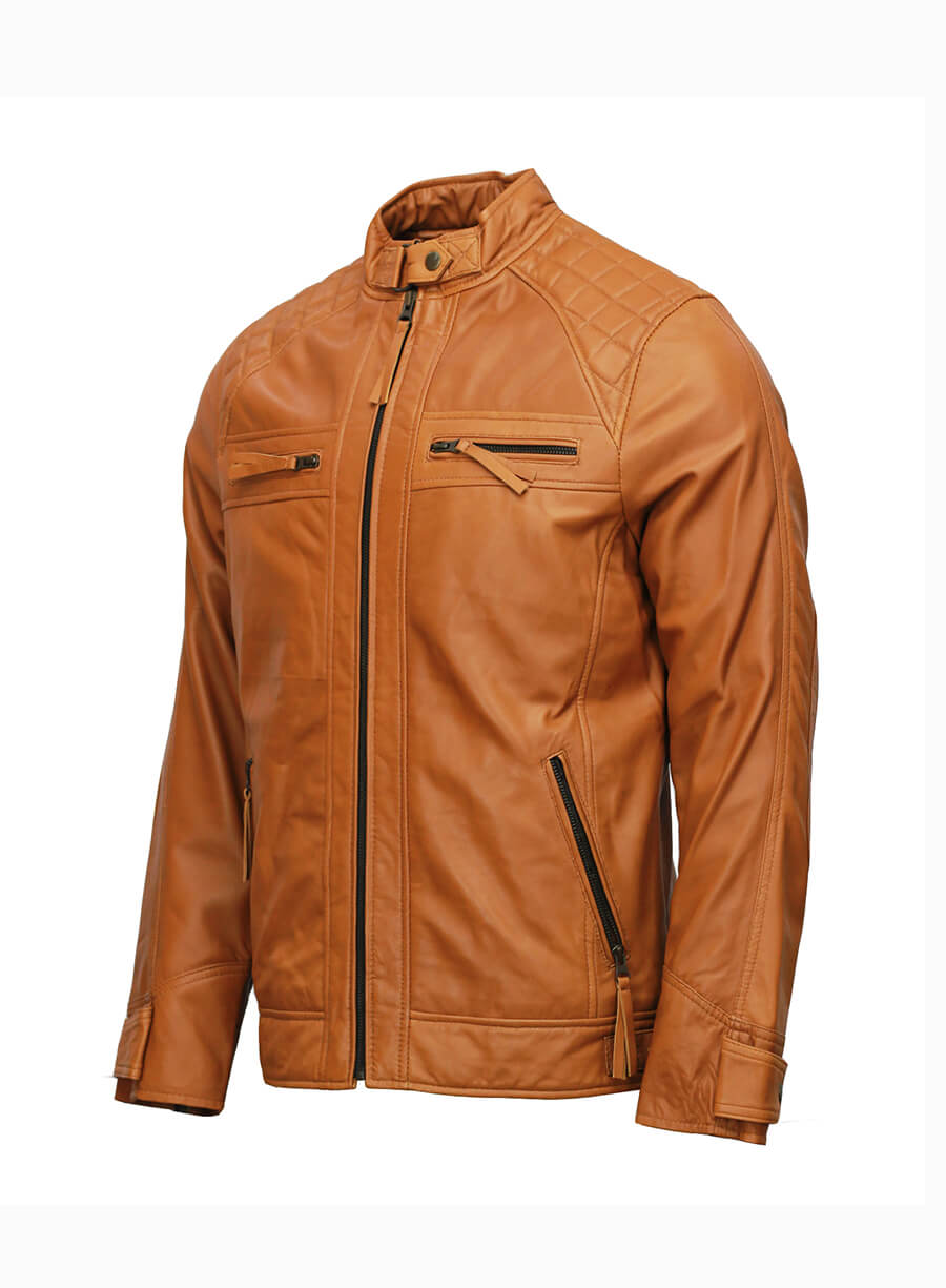 Mens Moto Biker Tan Brown Leather Jacket