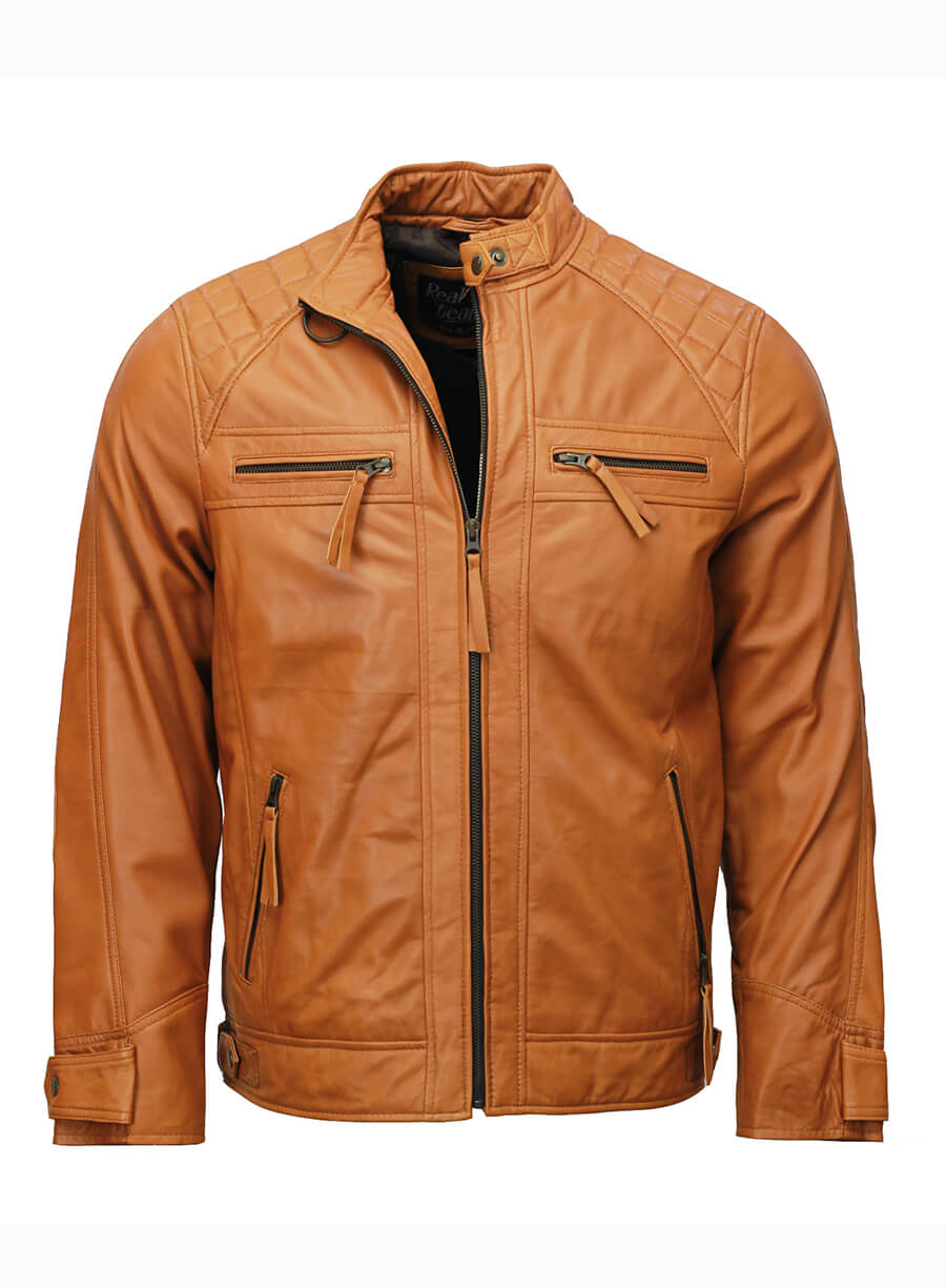 Mens Moto Biker Tan Brown Leather Jacket