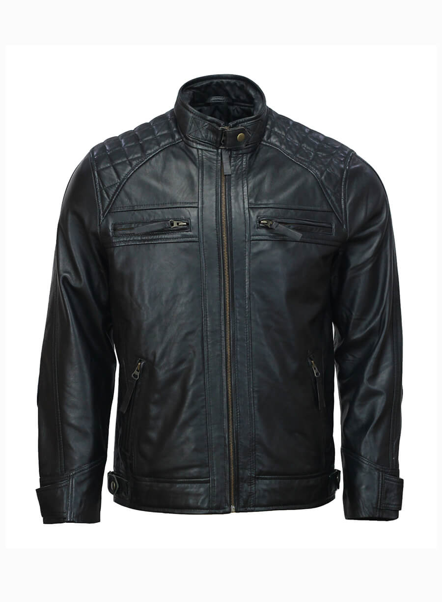 Mens Moto Biker Black Quilted Leather Jacket