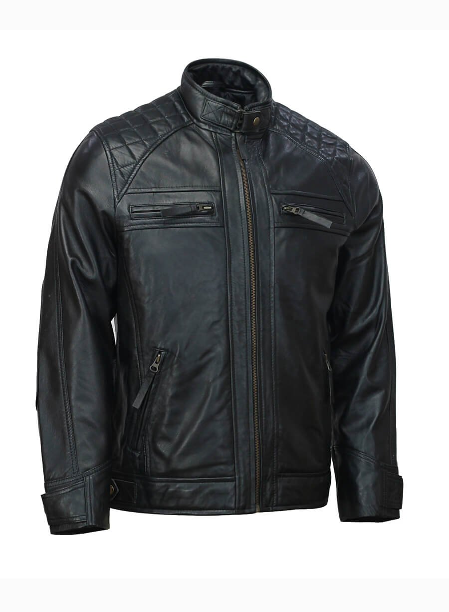 Mens Moto Biker Black Quilted Leather Jacket