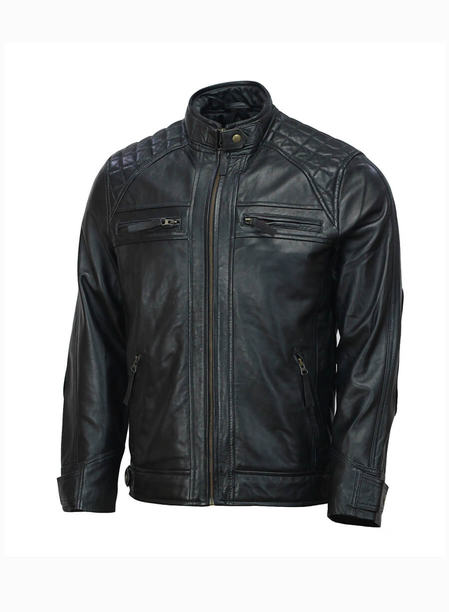 Mens Moto Biker Black Quilted Leather Jacket