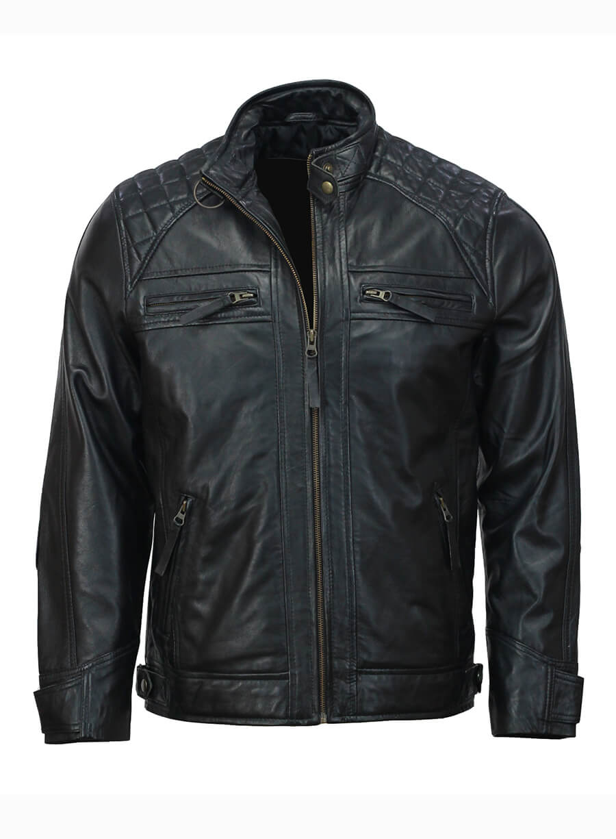 Mens Moto Biker Black Quilted Leather Jacket