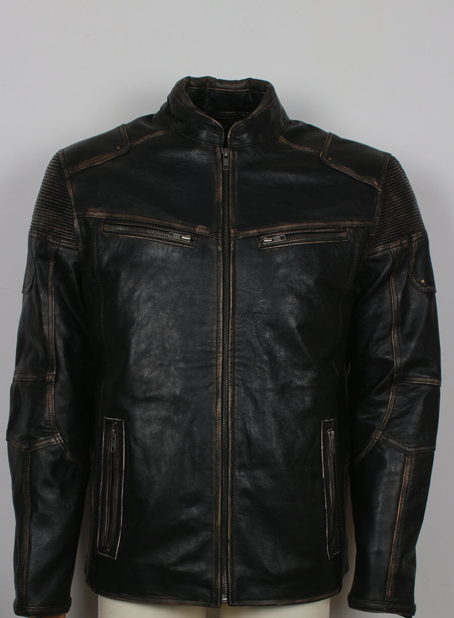Mens Vintage Distressed Black Leather Jacket