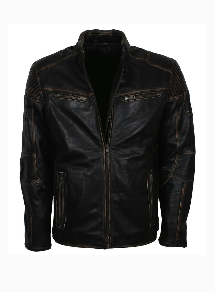 Mens Vintage Distressed Black Leather Jacket