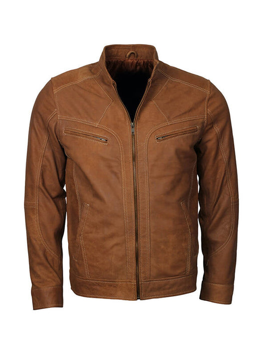 Adonis Men Fashion Tan Brown  Leather Jacket