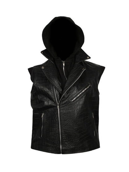 AJ Styles Black Leather Hooded Vest
