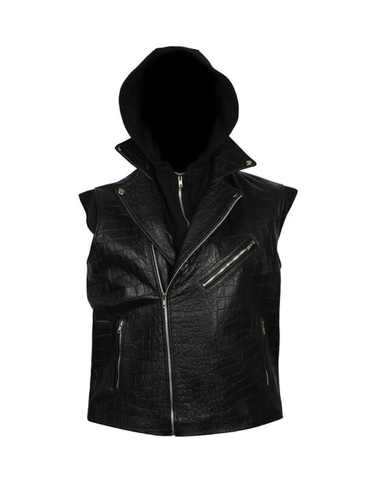 AJ Styles Black Leather Hooded Vest