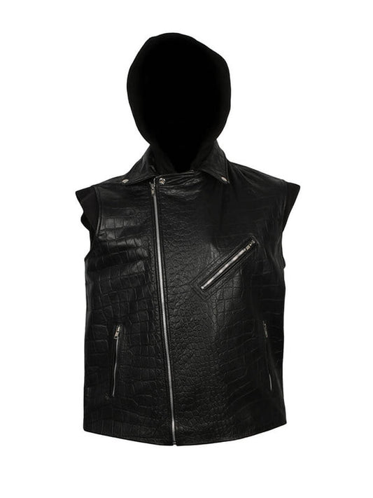 AJ Styles Black Leather Hooded Vest