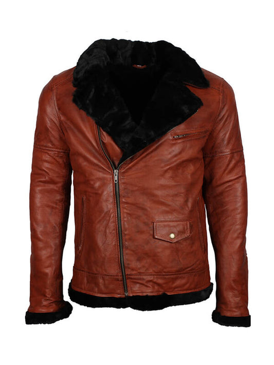 Mens B3 Black Fur Brown Leather Jacket