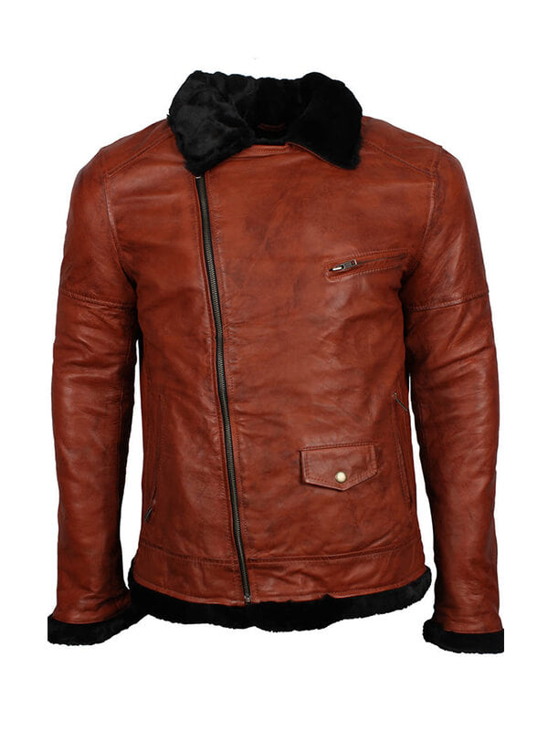 Mens B3 Black Fur Brown Leather Jacket
