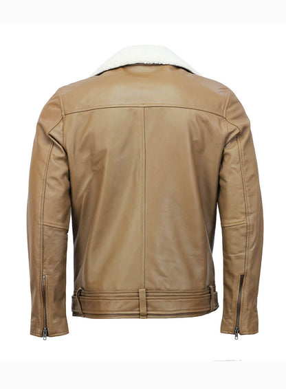 Mens Biker Fur Collar Camel Leather Jacket