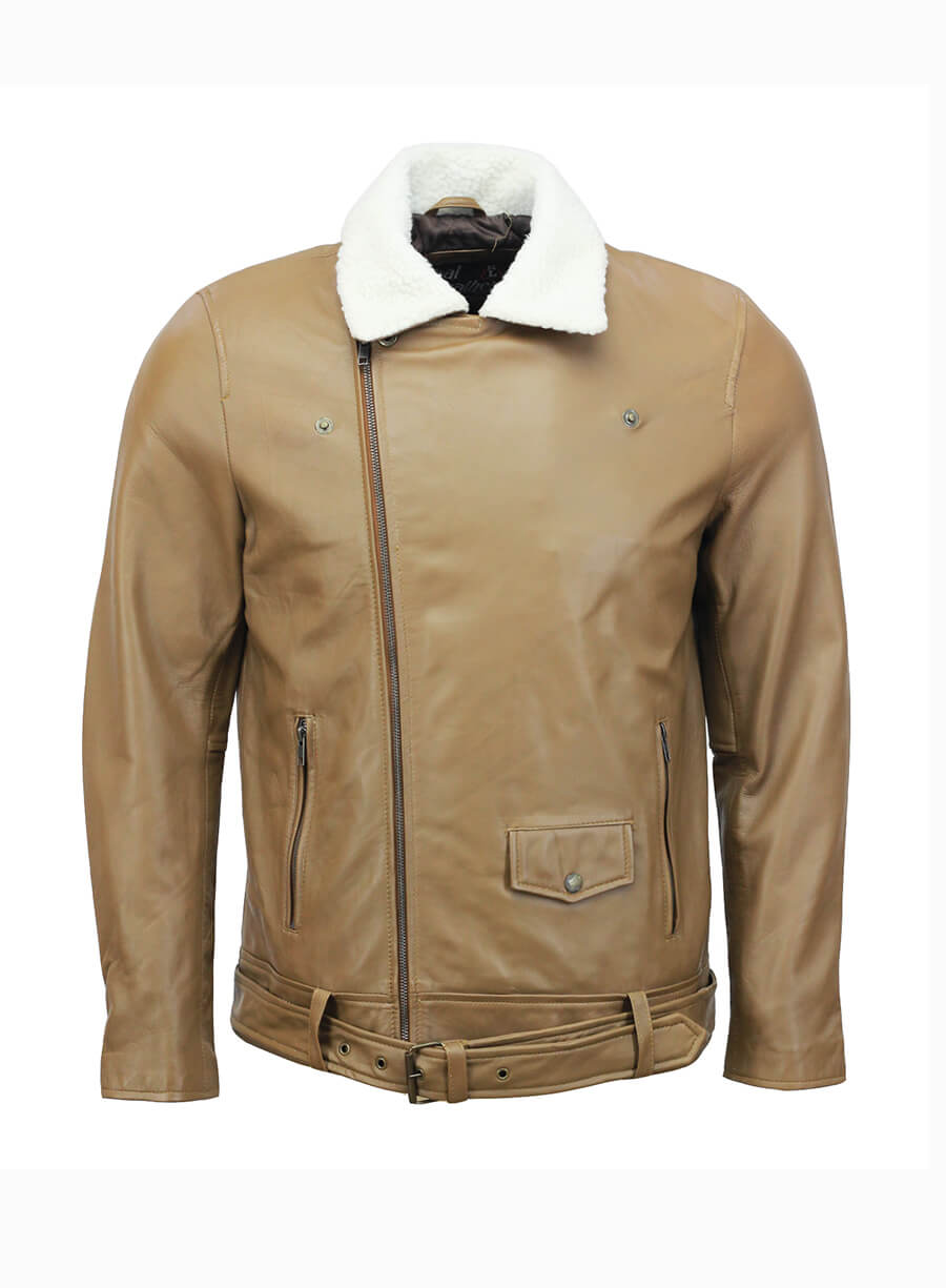Mens Biker Fur Collar Camel Leather Jacket