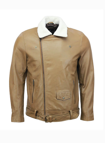 Mens Biker Fur Collar Camel Leather Jacket