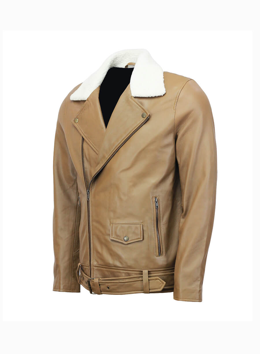 Mens Biker Fur Collar Camel Leather Jacket