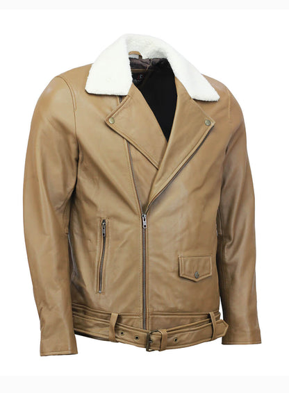 Mens Biker Fur Collar Camel Leather Jacket