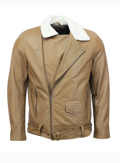 Mens Biker Fur Collar Camel Leather Jacket