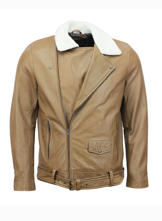 Mens Biker Fur Collar Camel Leather Jacket
