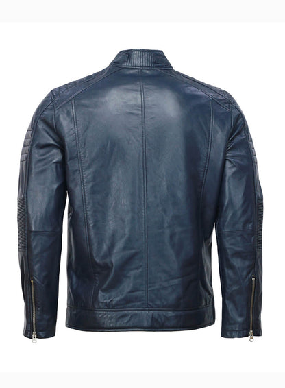 Cafe Racer Biker Mens Blue Leather Jacket