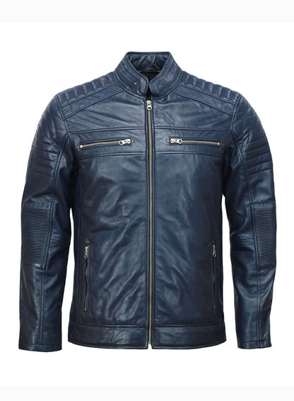 Cafe Racer Biker Mens Blue Leather Jacket
