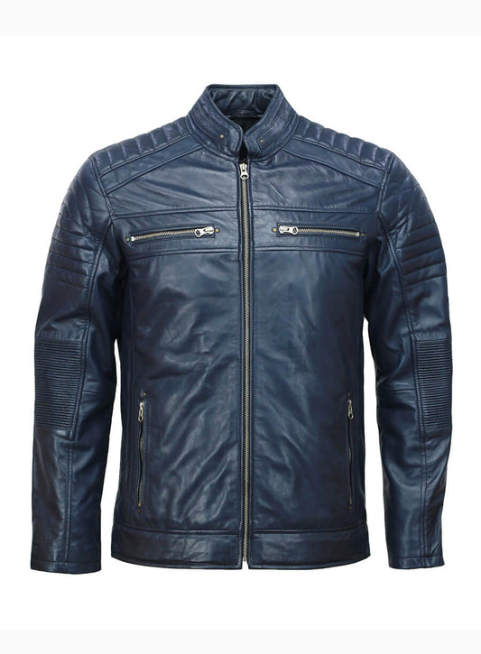 Cafe Racer Biker Mens Blue Leather Jacket