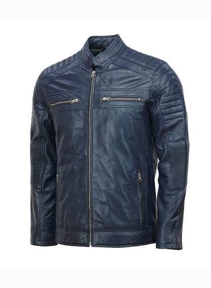 Cafe Racer Biker Mens Blue Leather Jacket