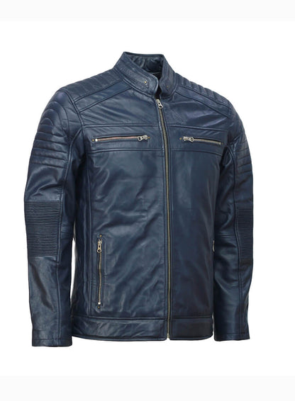 Cafe Racer Biker Mens Blue Leather Jacket