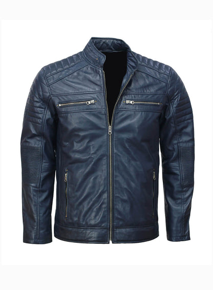 Cafe Racer Biker Mens Blue Leather Jacket