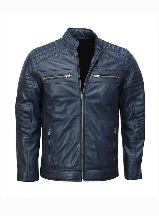 Cafe Racer Biker Mens Blue Leather Jacket