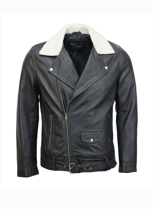 Men’s Fur Collar Black Biker Leather Jacket