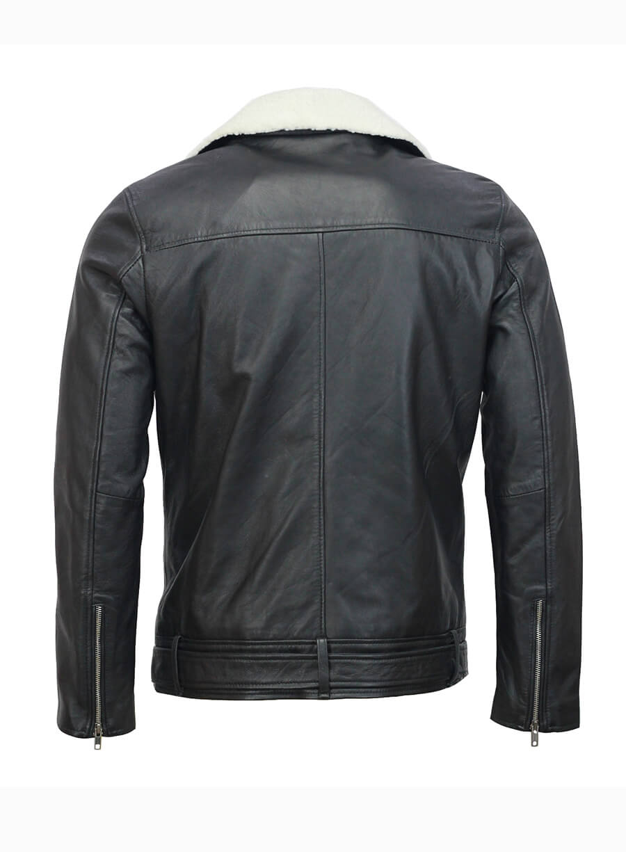 Men’s Fur Collar Black Biker Leather Jacket
