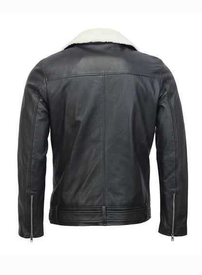 Men’s Fur Collar Black Biker Leather Jacket