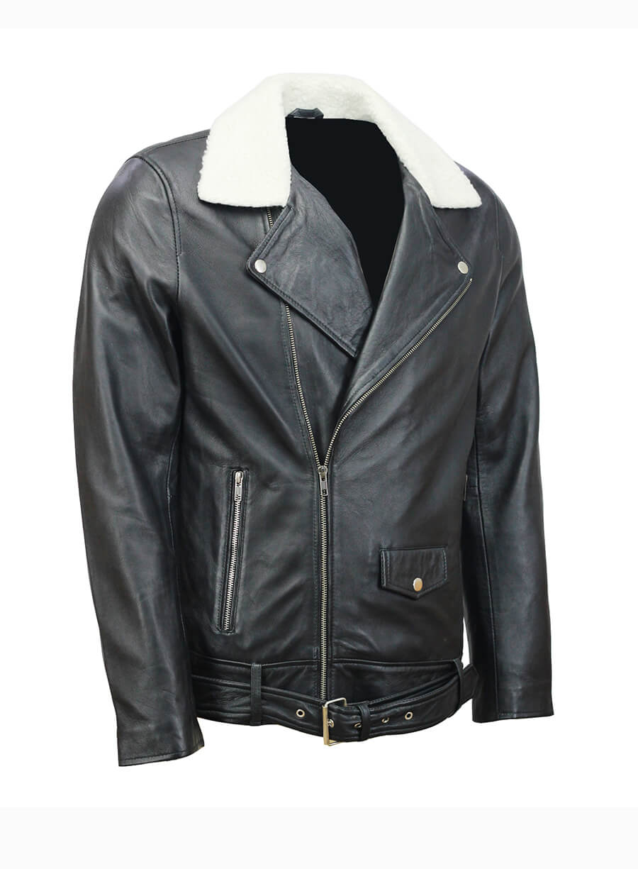 Men’s Fur Collar Black Biker Leather Jacket