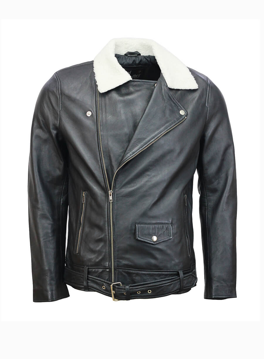 Men’s Fur Collar Black Biker Leather Jacket