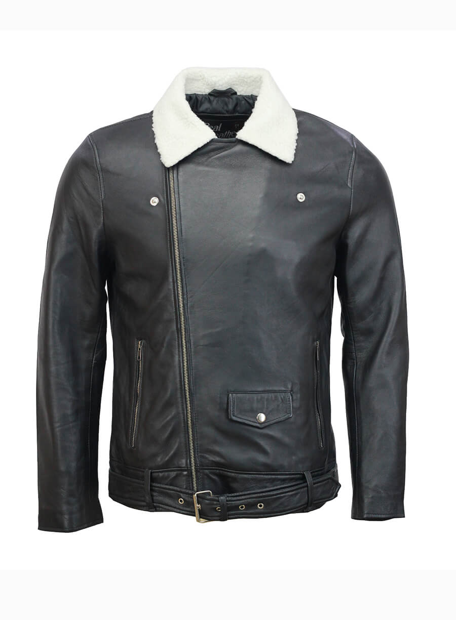 Men’s Fur Collar Black Biker Leather Jacket