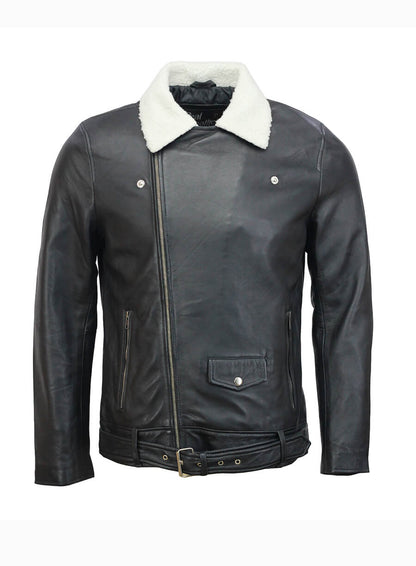 Men’s Fur Collar Black Biker Leather Jacket
