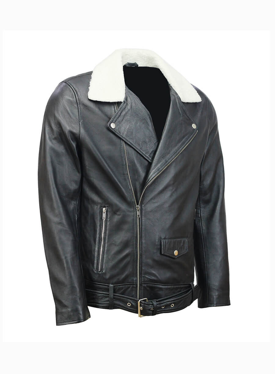 Men’s Fur Collar Black Biker Leather Jacket