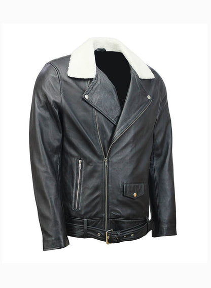 Men’s Fur Collar Black Biker Leather Jacket