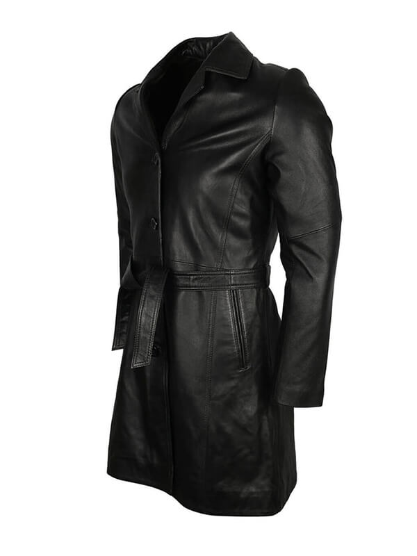Mens Black Leather Trench Coat
