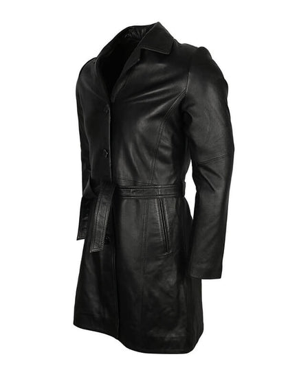 Mens Black Leather Trench Coat
