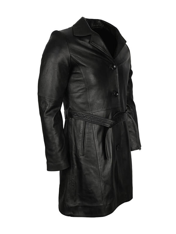 Mens Black Leather Trench Coat