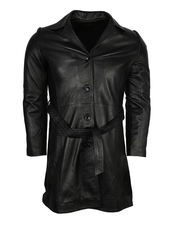 Mens Black Leather Trench Coat