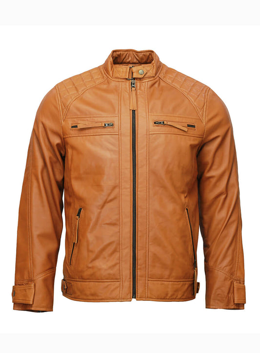 Mens Moto Biker Tan Brown Leather Jacket
