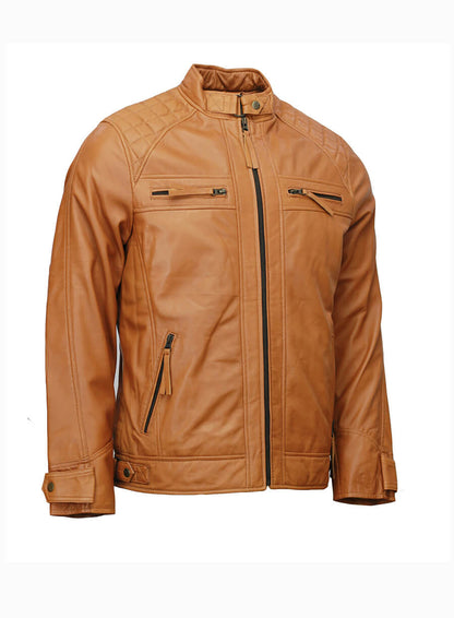 Mens Moto Biker Tan Brown Leather Jacket